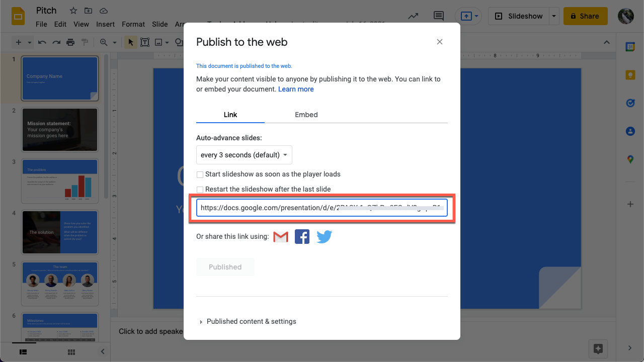 The Publish to the web Google slides window with a URL outlined in red.
