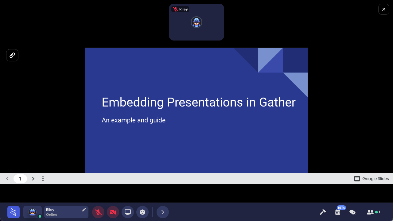 A Google Slides opened in an iframe within Gather. The opening slide reads Embedding Presentations in Gather an example and guide.