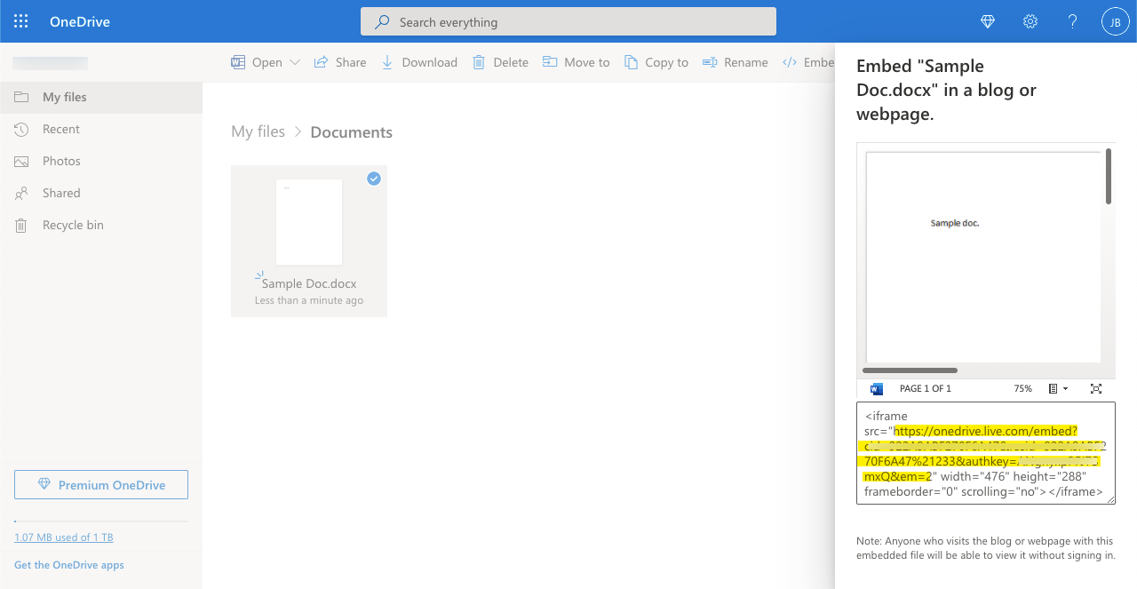 A view of OneDrive with a single document titled Sample doc and the right pane open displaying a preview of the doc and embed code. The URL within the embed code is highlighted in yellow.