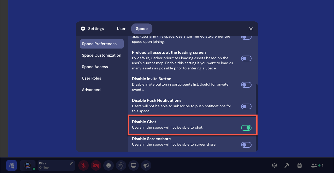 A view of the Settings modal with the Space tab active. Space Preferences is active, and Disable Chat is toggled on and outlined in red.