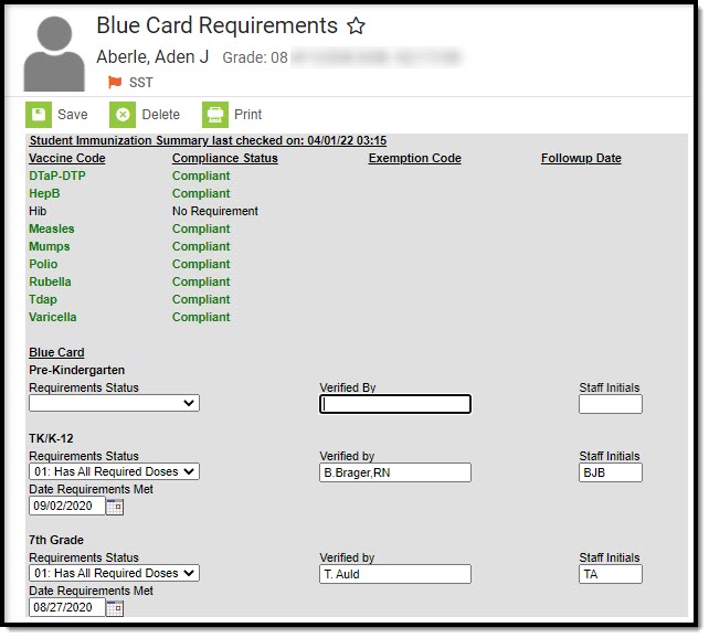Screenshot of the Blue Card Requirements tool.