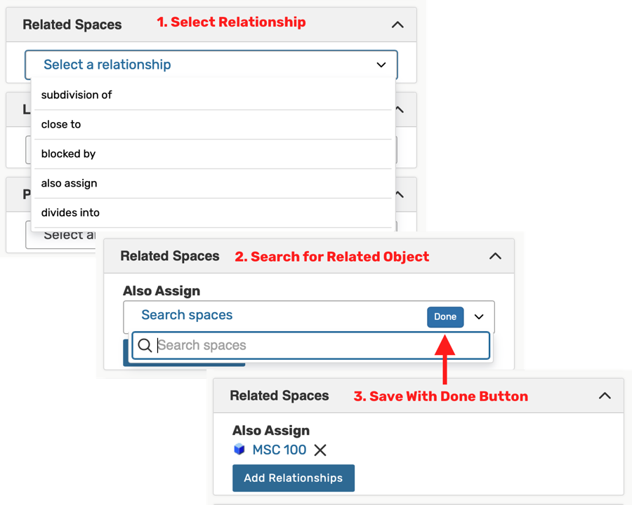 Steps for adding related spaces for a location are very similar.