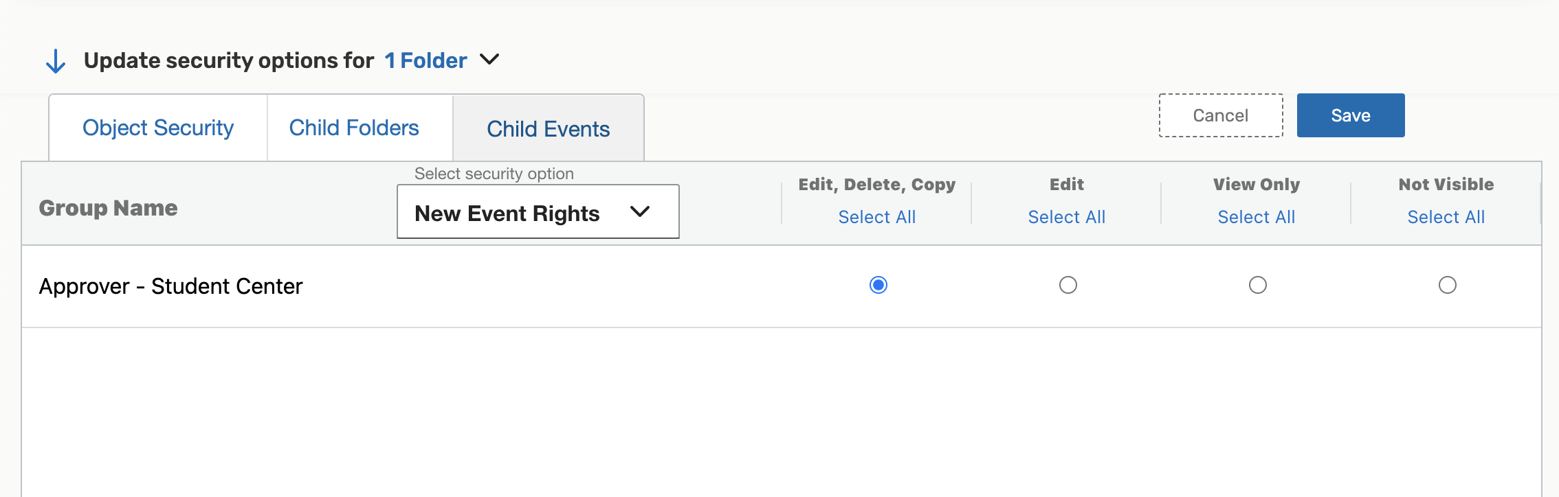 Image: Setting New Event Rights on a folder.
