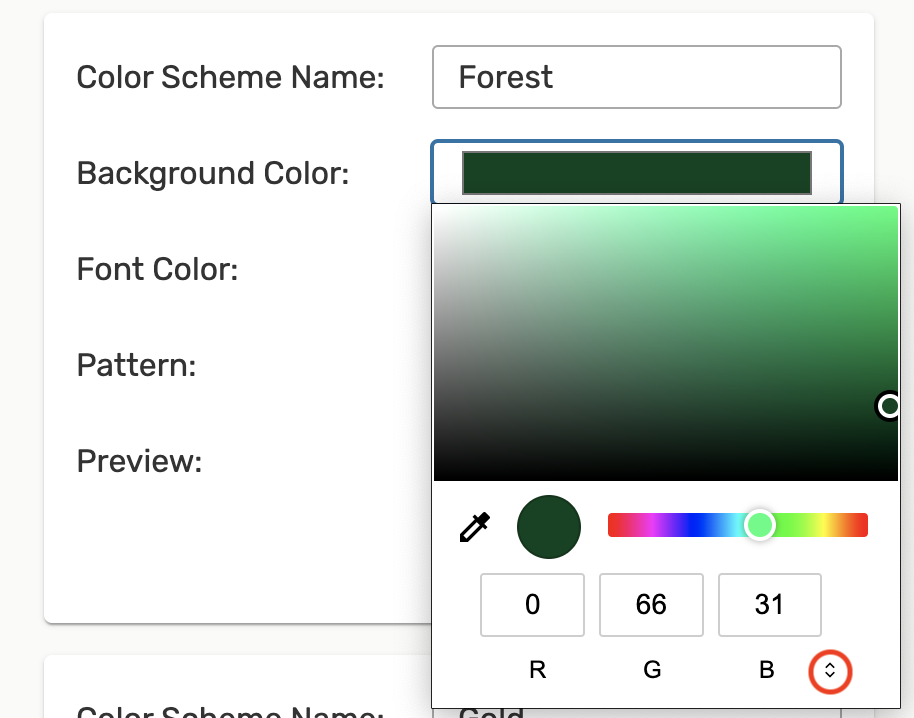 Image: Click a color from the color spectrum or enter a color code. Use the arrow buttons to switch code types.