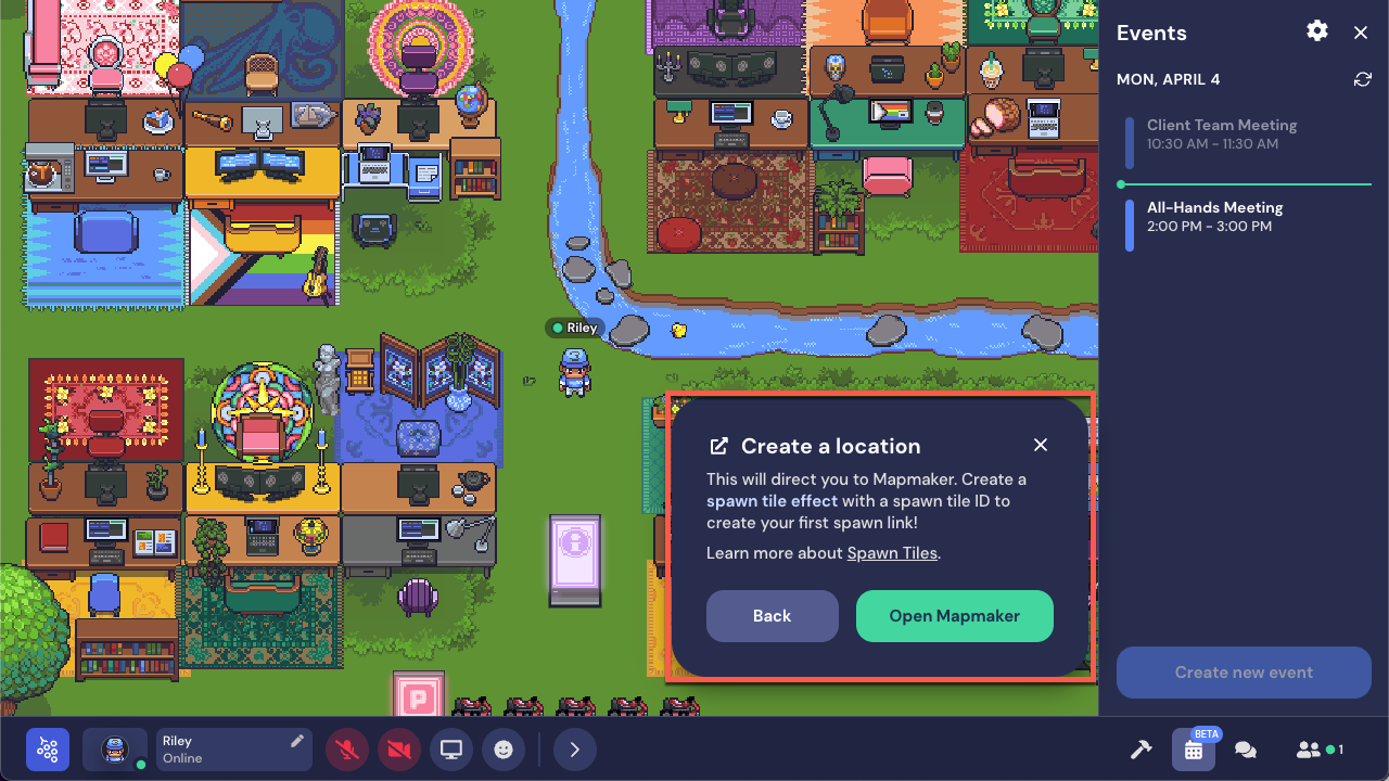 The Events pane is open and the Create a location modal is open as well. The text for the modal reads This will direct you to Mapmaker. Create a spawn tile effect with a spawn tile ID to create your first spawn link. Learn more about Spawn tiles. With Back and Open Mapmaker buttons.