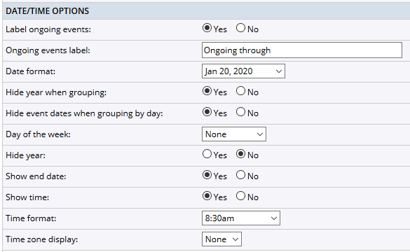 Date/time options settings