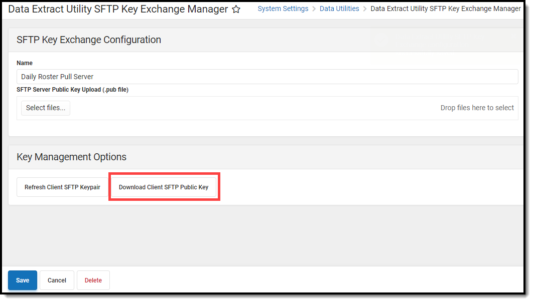 Screenshot of Download Client SFTP Public Key