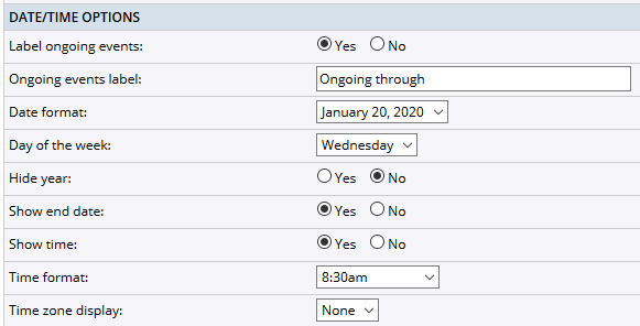 Date/time options settings