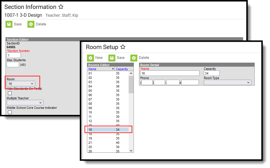 Two-part screenshot of the Section Information tool with the Room field highlighted and the Room Setup tool. 