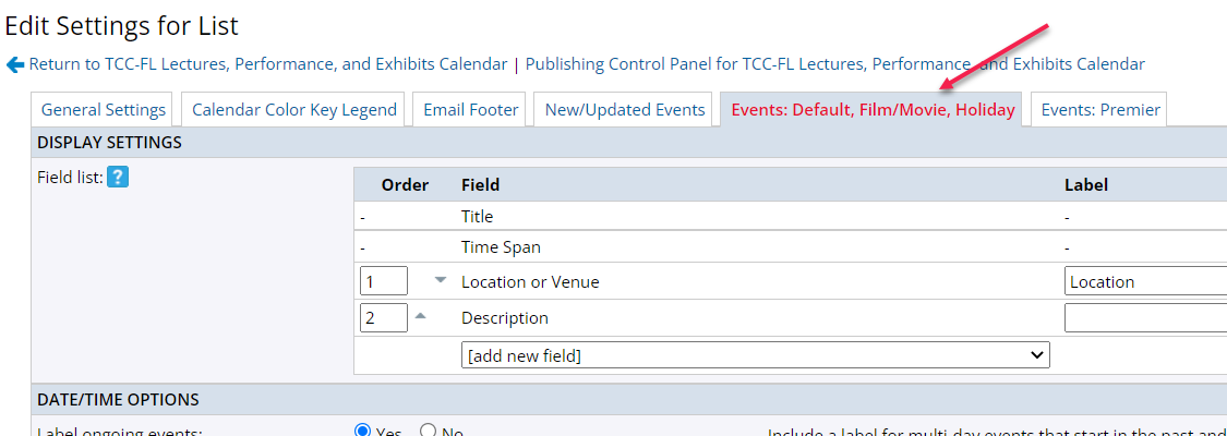 Events default tab 