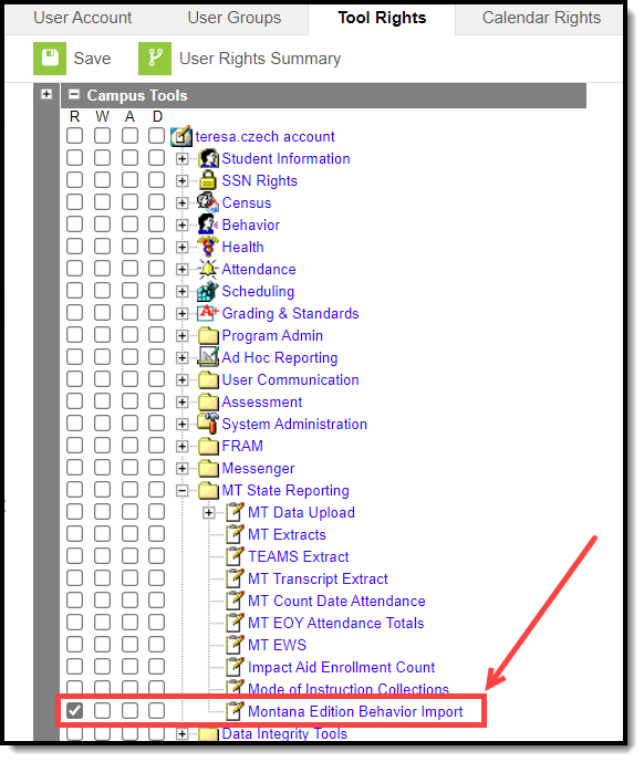 Screenshot of the Montana Edition Behavior Import Tool Rights.