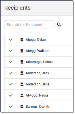 Screenshot of a recipient list with only students.