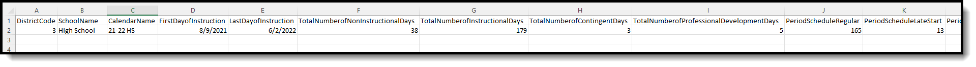 Image of the Calendar Days Report in CSV Format