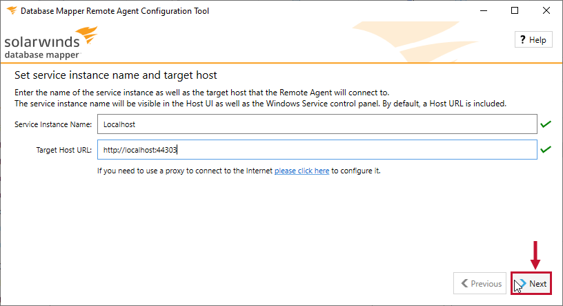 Remote Agent Configuration Tool with localhost RA as the service name and an on-prem URL.