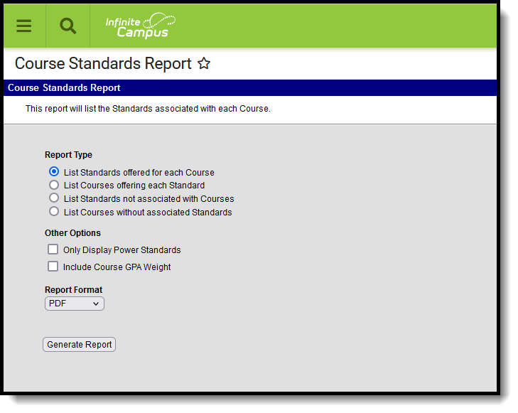 Screenshot of the Course Standards Report editor. 