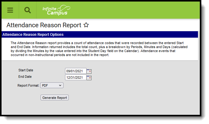 Main View of Attendance Reason Report Editor.
