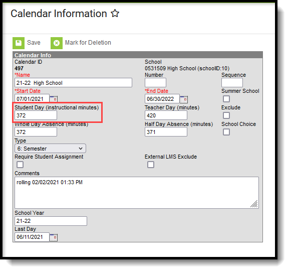 Screenshot highlighting Student Day field on calendar info editor. 