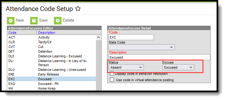 Screenshot of attendance code setup editor. 
