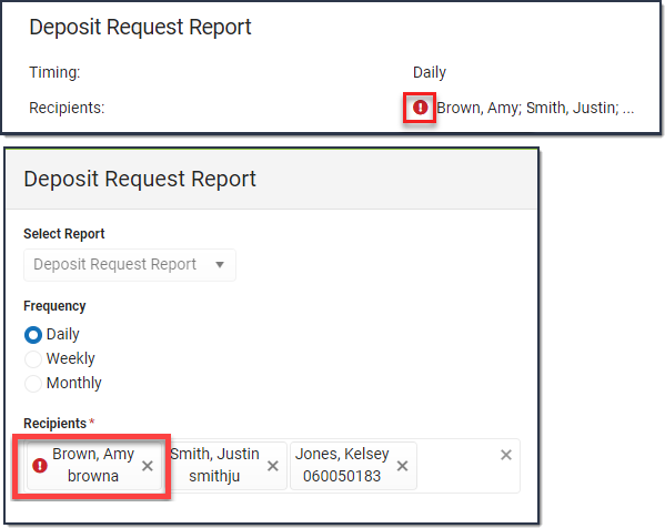 Screenshot of an alert on the Deposit Request Report