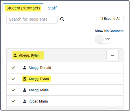 Screenshot of students/contacts tab
