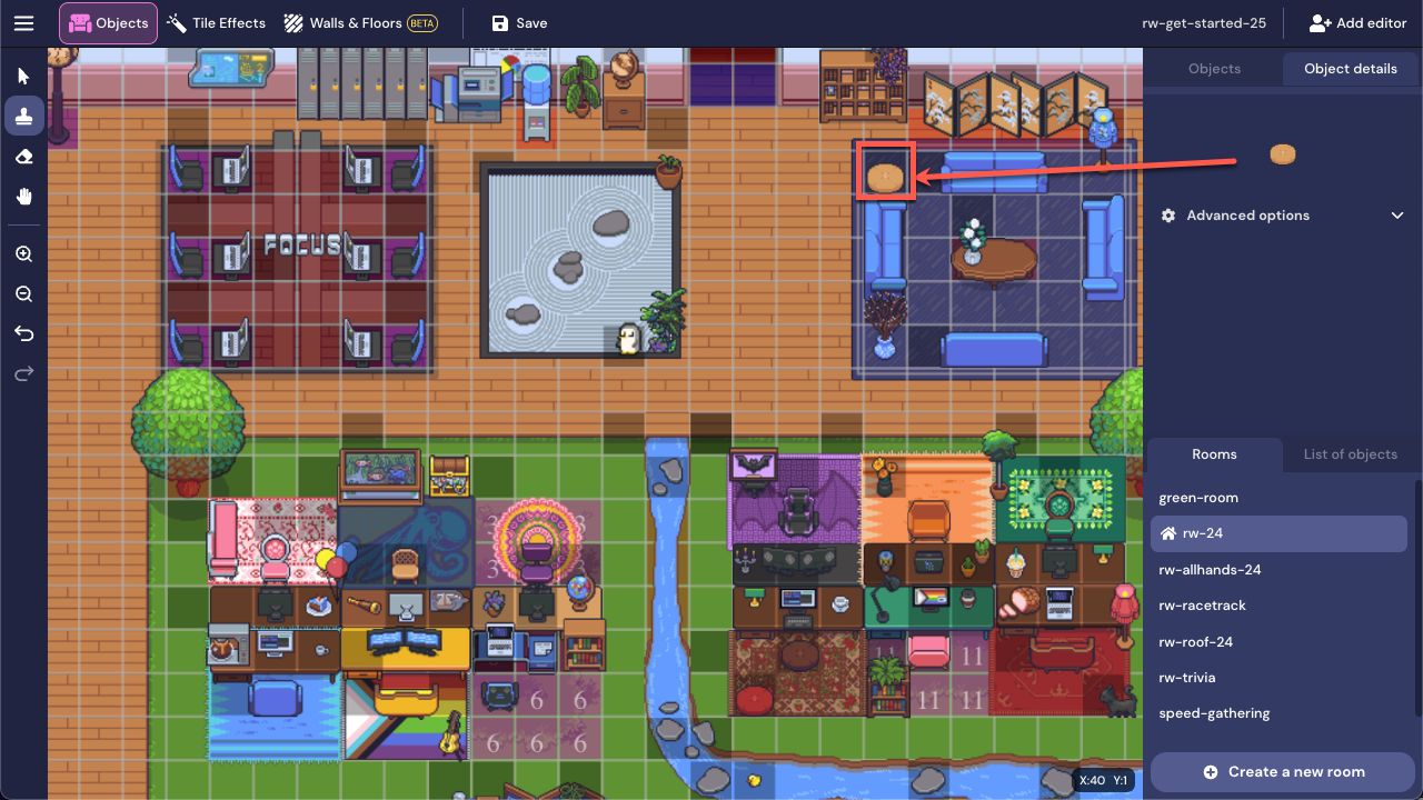 An office in the Mapmaker with a tan pet bed placed in a seating area with blue couches. A red arrow points from the pet bed in the right pane to the bed placed in the Map.