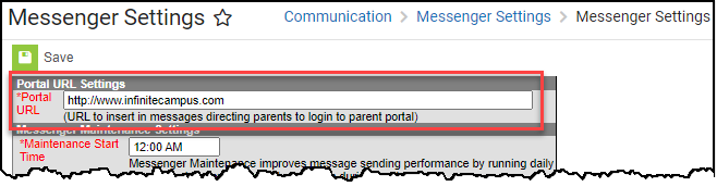 Screenshot of the Messenger Settings tool where the Portal URL field is highlighted.