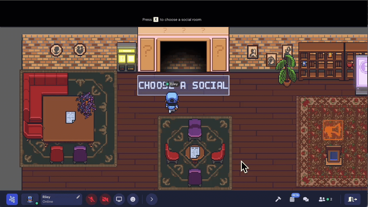 Riley walks up to the Rec Room doorway, which doesn't have a social chosen. A prompt message reads Press x to choose a social.