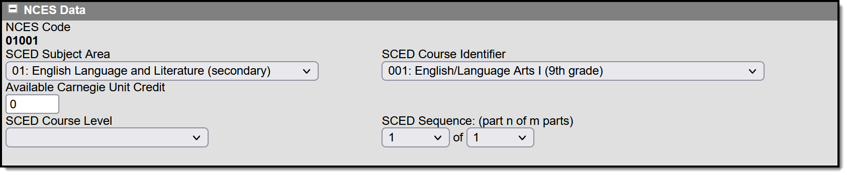 Screenshot of the NCES Data section of the Course Information tool. 