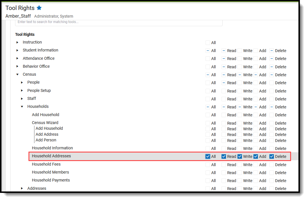 Screenshot of the tool rights for the Address tool displayed in the New Navigation view.