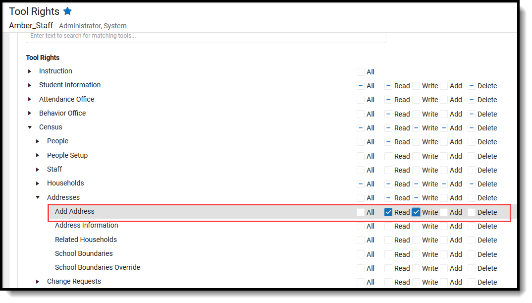 Screenshot of the tool rights for the New Address tool displayed in the New Navigation view.