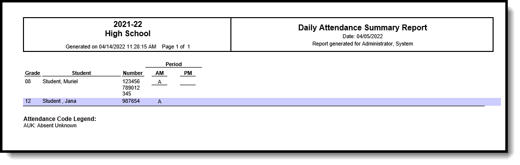 Screenshot of Daily Attendance Summary Report. 