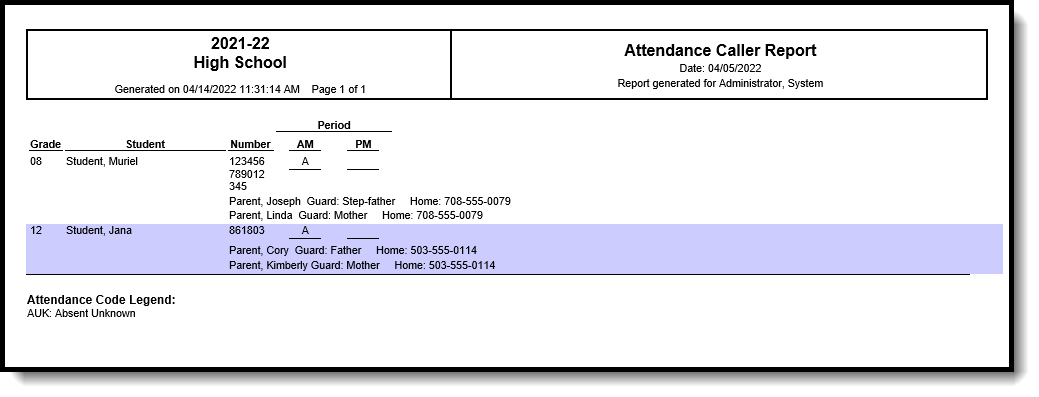 Screenshot of Daily Attendance Summary Report.