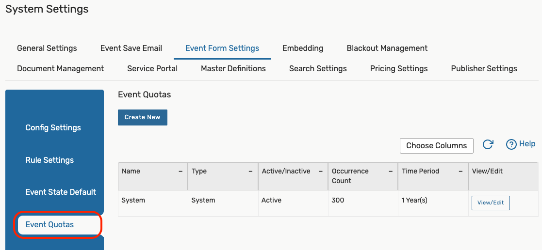 Create a new Event Quota under System Settings > Event Form Settings