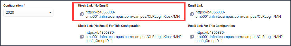Screenshot of the links for Online Registration. The link called Kiosk Link (No Email) is highlighted.