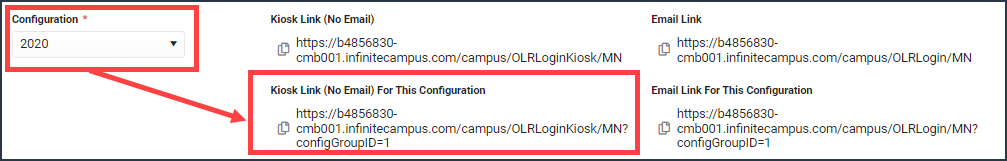 Screenshot of the kiosk links. The link Kiosk Link (No Email) For this Configuration and the Configuration field are highlighted.