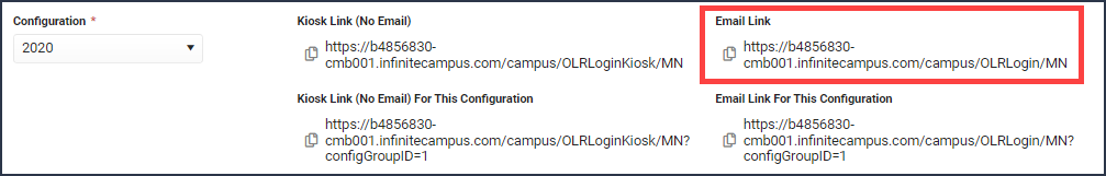 Screenshot of the email links. The link called Email Link is highlighted.