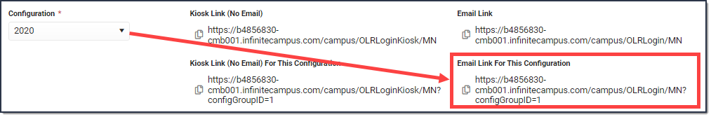 Screenshot where Email Link for this Configuration is highlighted. An arrow from the Configuration field is pointing to this link.
