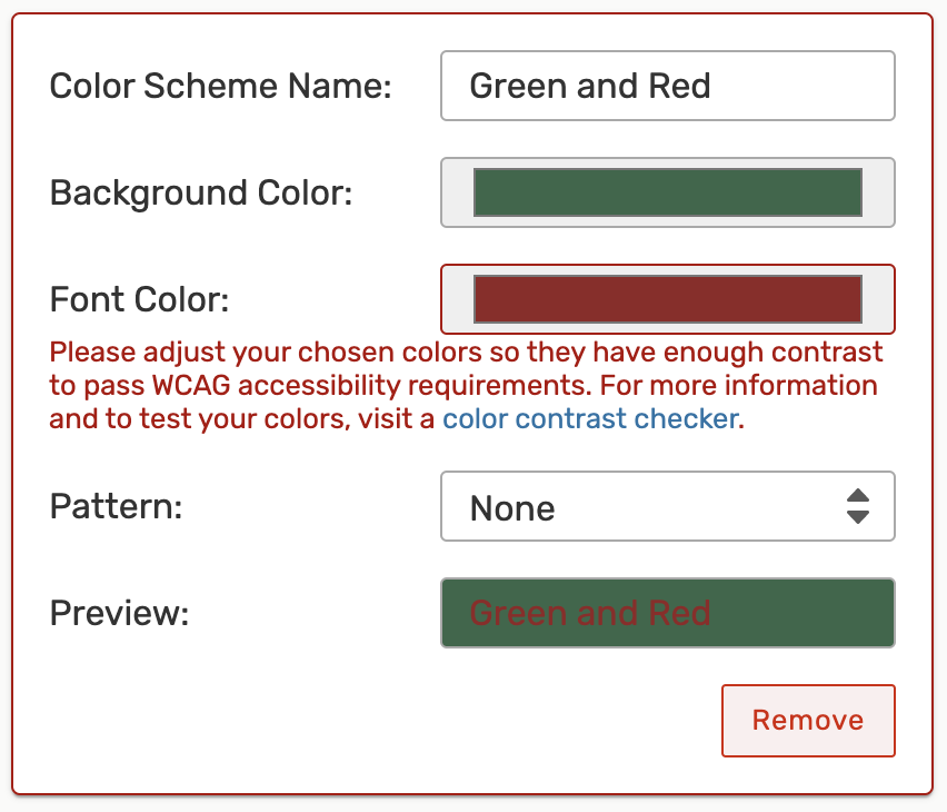 Background and Font colors that are too close in contrast will trigger an accessibility warning.