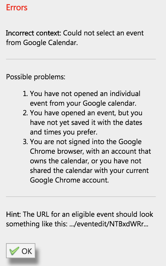 Error: incorrect context: could not select an event from google calendar