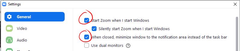 Start Zoom when I start Windows and When closed, minimize...