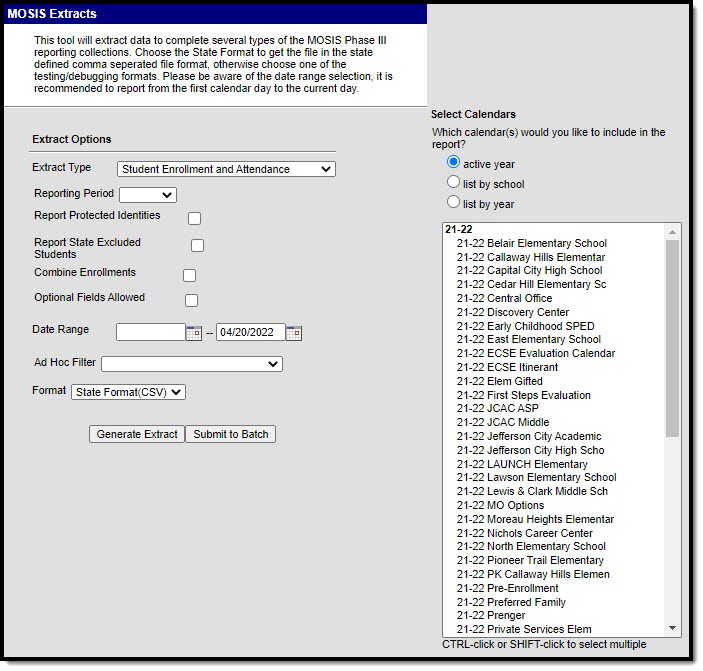 Screenshot of the Student Enrollment and Attendance Extract Editor.