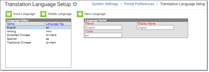 Screenshot of the Translation Language Setup tool with languages listed on the left and the language detail at the right.