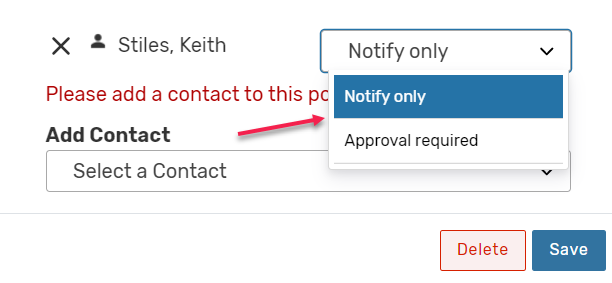 Notify only option on add contact field
