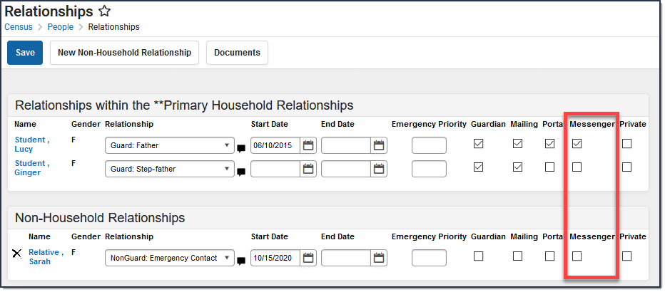 Screenshot of relationships page