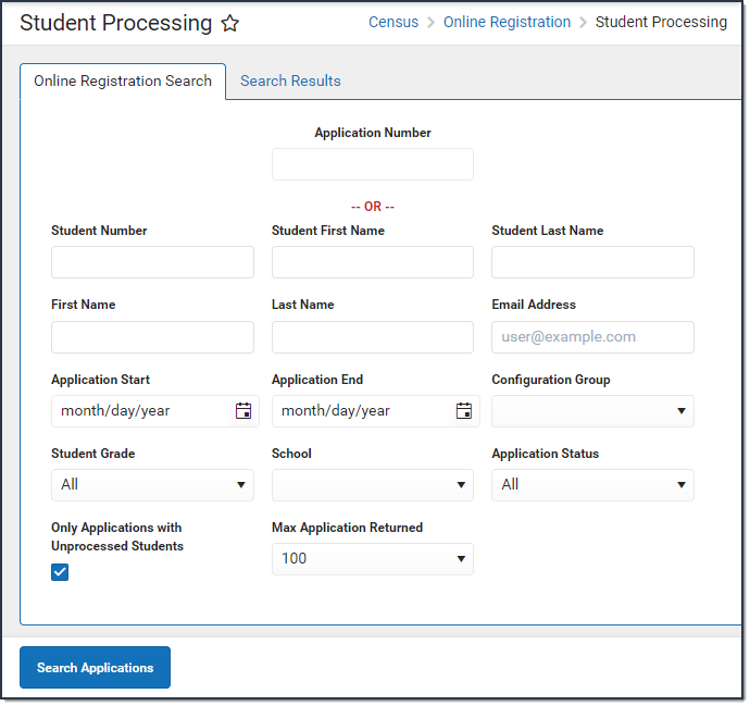 Screenshot of options available in Student Processing Tool - Search Applications.