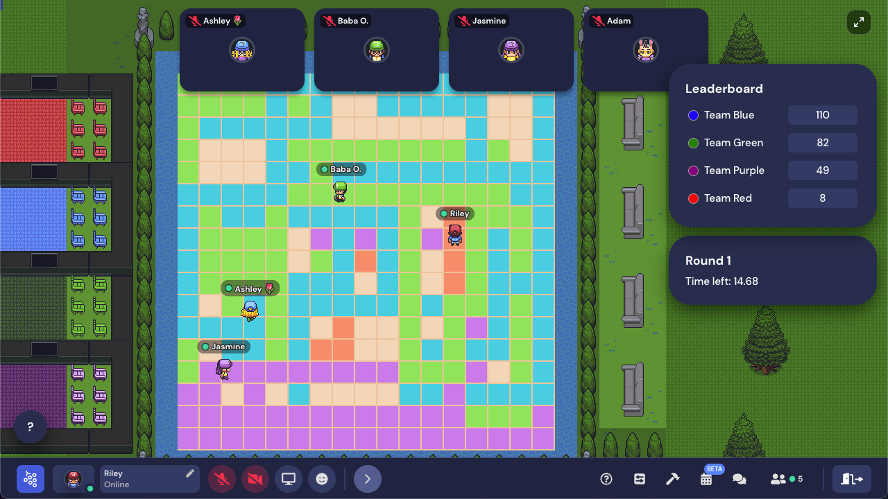 The hip to be square game with five people competing. The arena is a mix of red, purple, green, and blue tiles.