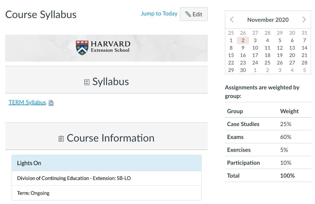 Percentages on right side of syllabus page