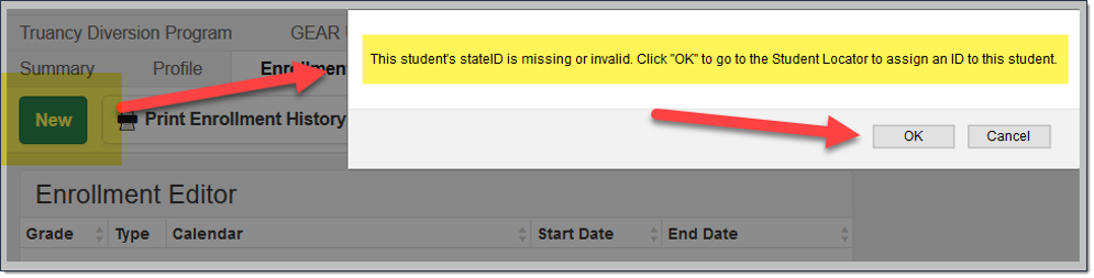 Screenshot of a message asking to click OK to go to Student Locator to link the record to a State ID.