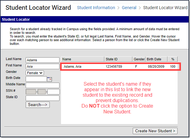 Screenshot of Student Locator Wizard.