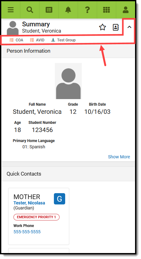 screenshot of the person card on a mobile device